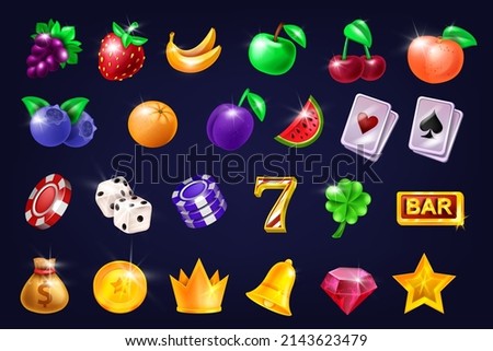 Casino slot game vector icon set, golden award crown, glossy fruit, gambling machine UI badge kit. Classic Vegas jackpot symbol, playing cards, bar sign, lucky bonus chips. Shiny 3D casino icon assets