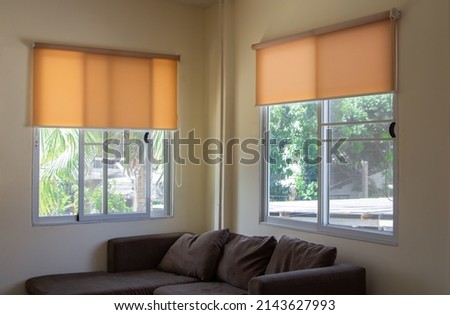 roller blind or curtains at windows, interior design Royalty-Free Stock Photo #2143627993