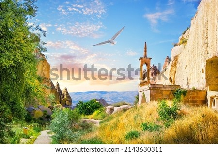 Observation tower in the rock monastery of the Zelve valley and a seagull in the sky. UNESCO cultural heritage. Cappadocia, Turkey Royalty-Free Stock Photo #2143630311