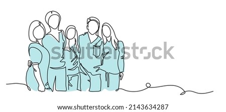Medical staff, practitioners team vector illustration . One continuous line drawing of team of doctors. Minimalism design of medical people group. Royalty-Free Stock Photo #2143634287