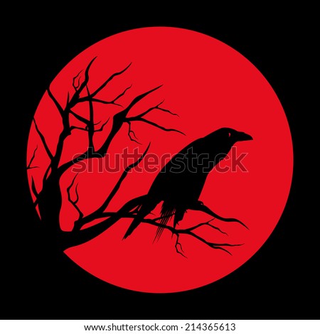 raven bird ominous design - black vector silhouette against red moon circle