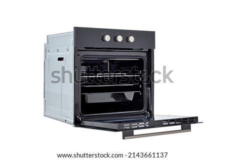 Black oven with open door and three trays, 45 degree view, isolate on white