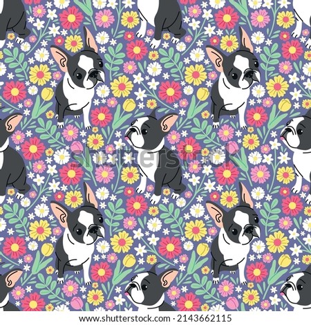 CUTE FRENCH BULLDOG WITH FUNNY FACE IN FLORAL BACKGROUND. FLAT SEAMLESS PATTERN.