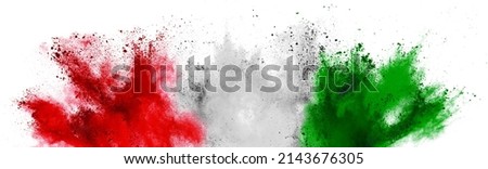 colorful italian tricolore flag red white green color holi paint powder explosion on isolated background. italy europe celebration tifosi travel tourism concept Royalty-Free Stock Photo #2143676305