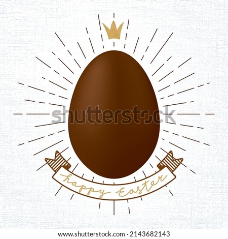 Chocolate Easter Egg Comic Crown Sunburst and Logo Lettering on Ribbon as Easter Holidays Egg Hunt Concept - Brown and Gold on White Canvas Background - Vector Mixed Graphic Design