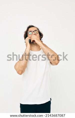 Attractive man telephone communication hand gesture isolated background