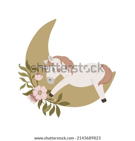 Cute magic unicorn sleep on moon vector illustration. Cartoon fantasy pony isolated on white background. Characters for birthday, invitation, baby shower card, kids t-shirts and nursery design. 
