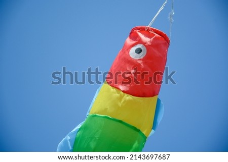 Rainbow fish wind sock against blue sky background
