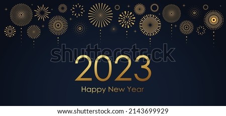 2023 New Year Abstract golden fireworks and golden gradient numbers on dark background Royalty-Free Stock Photo #2143699929
