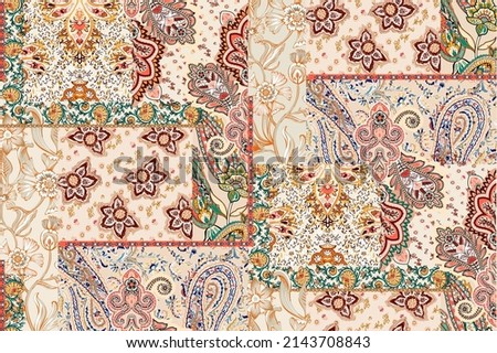 patchwork floral pattern with paisley and indian flower motifs. damask style pattern for textil and decoration Royalty-Free Stock Photo #2143708843