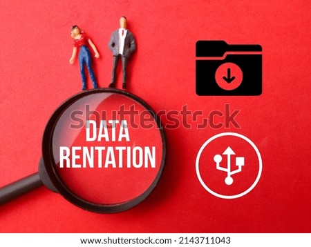 Miniature people,magnifying glass and icon with text DATA RETENTION on red background.