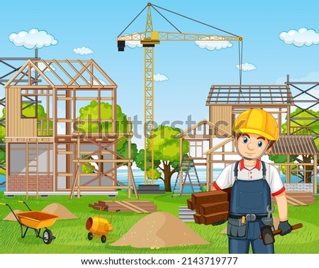 Building construction site and workers illustration