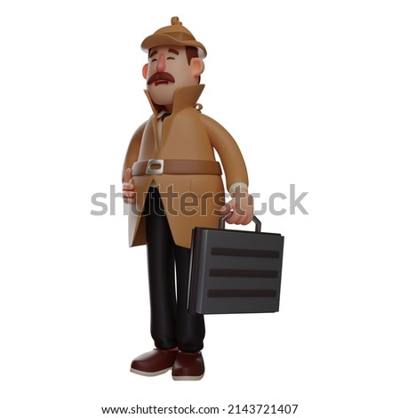 3D illustration. Calm Inspector 3D Cartoon Character. Handsome detective carrying a suitcase. police took a briefcase containing evidence. Authoritative detective is thinking. 3D cartoon character