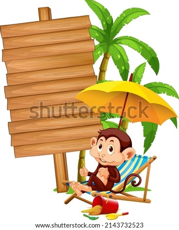 Blank wooden signboard with cute monkey illustration