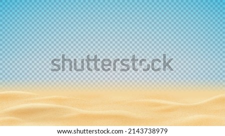 Realistic texture of beach or desert sand. Vector illustration with ocean, river, desert or sea sand isolated on checkered background. 3d vector illustration. Royalty-Free Stock Photo #2143738979