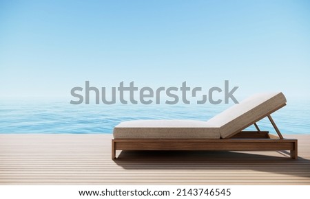 Beach chair sun lounge on the wooden sundeck blue sky and sea view. 3d rendering holiday background. Royalty-Free Stock Photo #2143746545