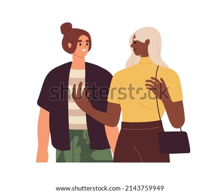 Women talking, gesturing. Biracial female couple chatting, speaking. Happy girlfriends communication. Girl friends of different races. Flat vector illustration isolated on white background Royalty-Free Stock Photo #2143759949