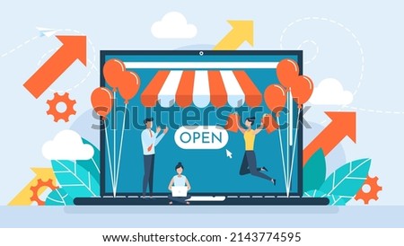 Grand opening concept. New online store, website, account. Shopping in the online store. Online sales. Webshop. The ceremony, celebration, presentation, and event. Vector flat business illustration. Royalty-Free Stock Photo #2143774595