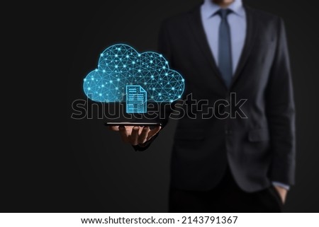 Cloud technology. Polygonal wireframe cloud storage sign with document icon on dark blue. Cloud computing, big data center, future infrastructure, digital ai concept. Virtual hosting symbol.