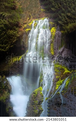 A mountain waterfall flows over the rocks. Waterfall cascade on mossy rocks. Mountain waterfall view. Waterfall cascade Royalty-Free Stock Photo #2143801051