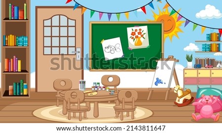 Scene with books and board in class illustration