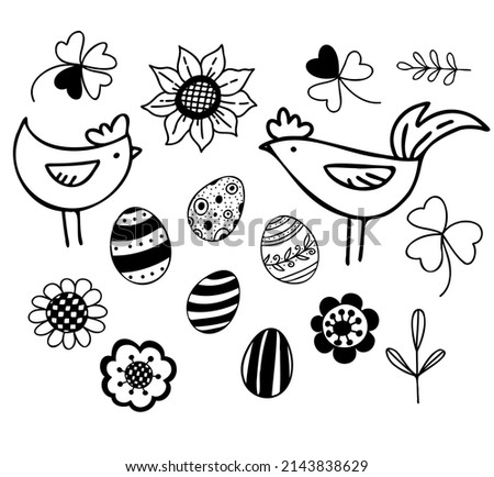 vector set of easter doodle illustrations with eggs, leaves and flowers 