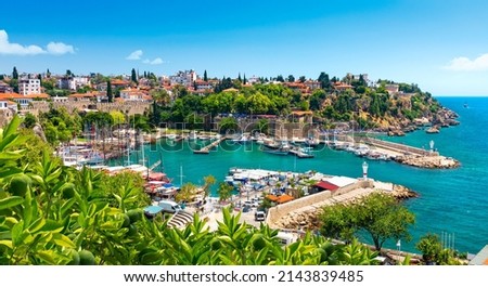 Panoramic view of harbor in Antalya Kaleici Old Town. Antalya, Turkey Royalty-Free Stock Photo #2143839485