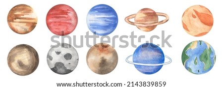 Watercolor hand drawn planets illustration set, Cute nursery clip art, kids illustration. Space clip art, jupiter, mars, neptune, pluto, moon, uranus, venus planets.