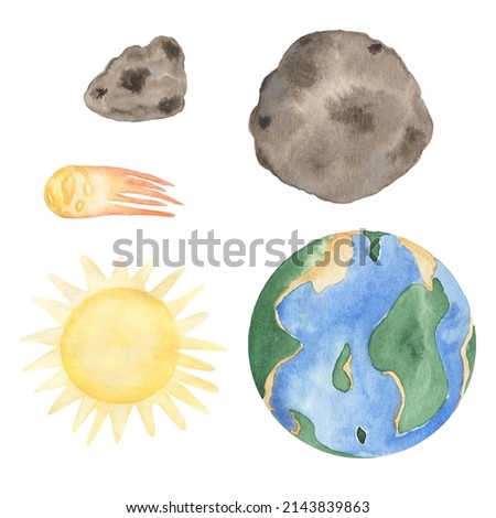 Watercolor asteroids, sun and earth illustration set, Cute nursery clip art, kids illustration. Space clip art
