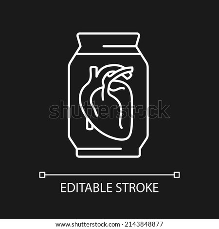 Human heart exhibit at museum white linear icon for dark theme. Human organ preserved in formalin. Thin line illustration. Isolated symbol for night mode. Editable stroke. Arial font used