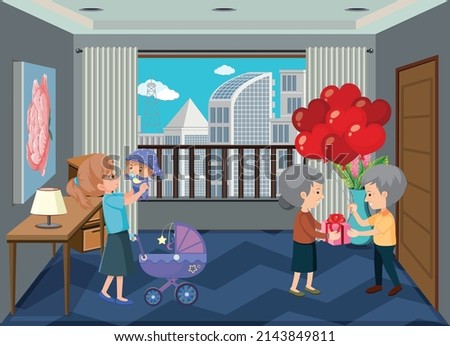 Living room scene with family members in cartoon style illustration