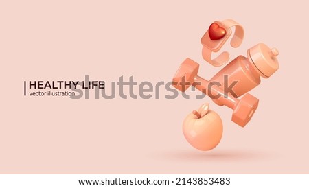 3d set of wireless smart watch with red heart and sport equipment. Realistic fitness inventory, gym accessories in trendy colors. Dumbbell, fitness tracker and water bottle. Healthy lifestyle concept Royalty-Free Stock Photo #2143853483