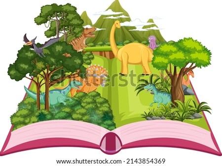 Pop up book with outdoor nature scene and dinosaur illustration