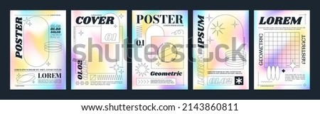 Trendy brutalism style posters with geometric shapes and gradient background. Modern minimalist monochrome print with simple figures and abstract graphic elements, vector poster template set