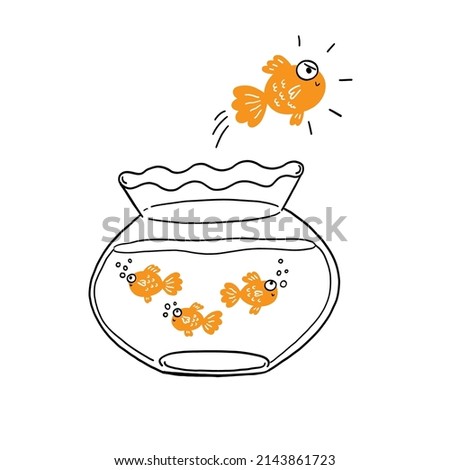 A goldfish jumping out of the water to escape to freedom, Hand drawn vector illustration doodle style.