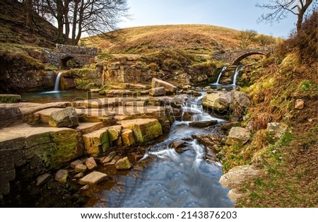 River stream on hills. Waterfall stream landscape. Waterfall cascade flowing. Hill river stream flow Royalty-Free Stock Photo #2143876203
