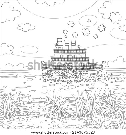 Funny retro paddle passenger steamboat with large wheels attached to its sides floating on a large lake on a summer day, black and white vector cartoon illustration for a coloring book