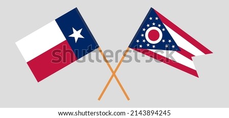 Crossed flags of the State of Texas and the State of Ohio. Official colors. Correct proportion. Vector illustration
