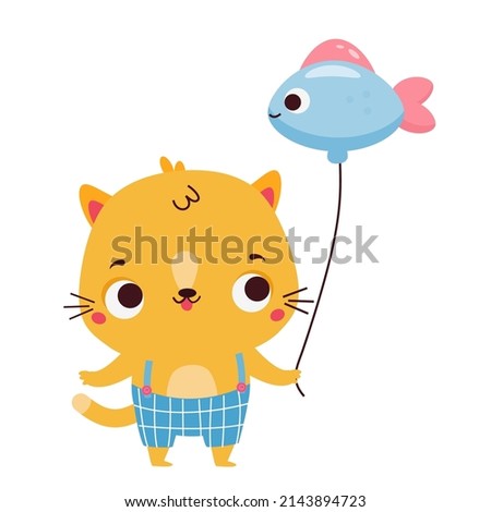 Cute kitten with balloon. Cartoon cat animal character for kids and children. Lovely baby kitty. Vector clip art