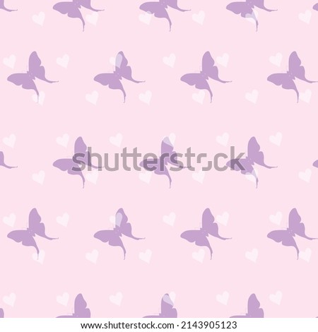 Purple color butterfly patterns on pink background with white heart, vector