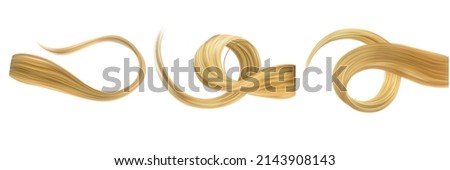 Vector realistic set of curls of female blond hair isolated on white background. Royalty-Free Stock Photo #2143908143