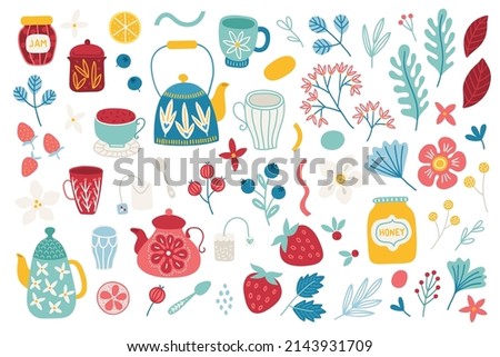 Summer design elements - tea, cup, strawberry, flowers, lemon, teapot, berry, leaves, cranberry, blueberry, orange, glass. Perfect for seasonal holidays. Vector illustration