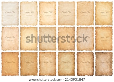 collection set old parchment paper sheet vintage aged or texture isolated on white background. Royalty-Free Stock Photo #2143931847