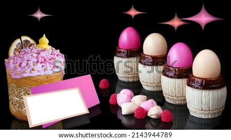 Easter painted eggs on stands, glazed cake, text frame and sweets in pink tones, on a black background with abstract stars. Easter Concept