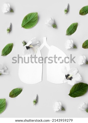 lungs with fresh green leaves and flowers as symbol of healthy lungs on grey background. World Tuberculosis Day or World Lung Day concept. world no tobacco day. Minimal Paper Art. copy space