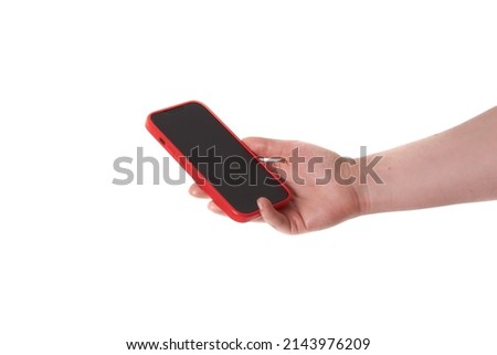 Man hand holding black smartphone isolated on white background, clipping path Royalty-Free Stock Photo #2143976209