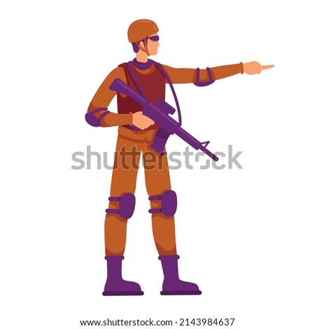 Fully equipped soldier pointing with finger semi flat color vector character. Standing figure. Full body person on white. Simple cartoon style illustration for web graphic design and animation