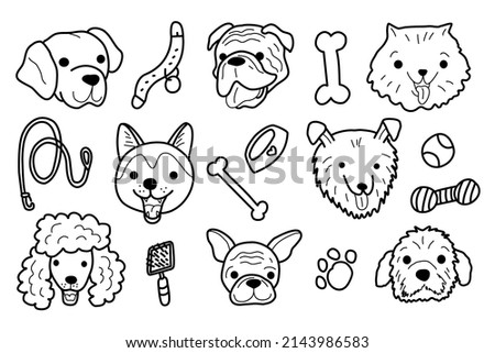 Dog doodle. Dog breeds hand drawn. Pomeranian, labrador, collie, sheltie, bulldog, poodle, akita, husky head. Vector vet illustration on a white background.