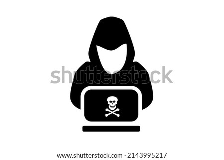 A symbol of cybercrimes. Hacker with a laptop vector solid icon. Password or personal data hacking and identity theft, make viruses and spam. The concept of fishing or online fraud.