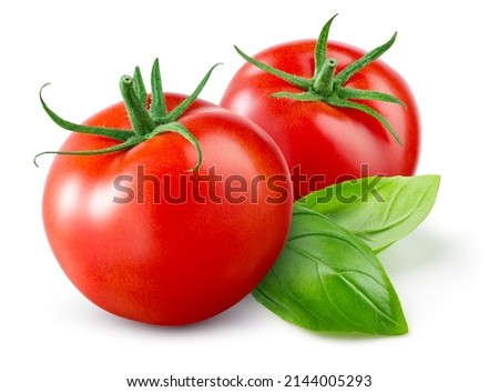 Tomato isolated. Tomato on white background. Two tomatoes with green basil leaves. Clipping path. Full depth of field. Royalty-Free Stock Photo #2144005293